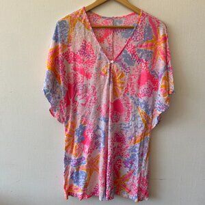 Lilly Pulitzer Linen Coverup Dress Womens Medium Coloful Vneck Preppy Resort